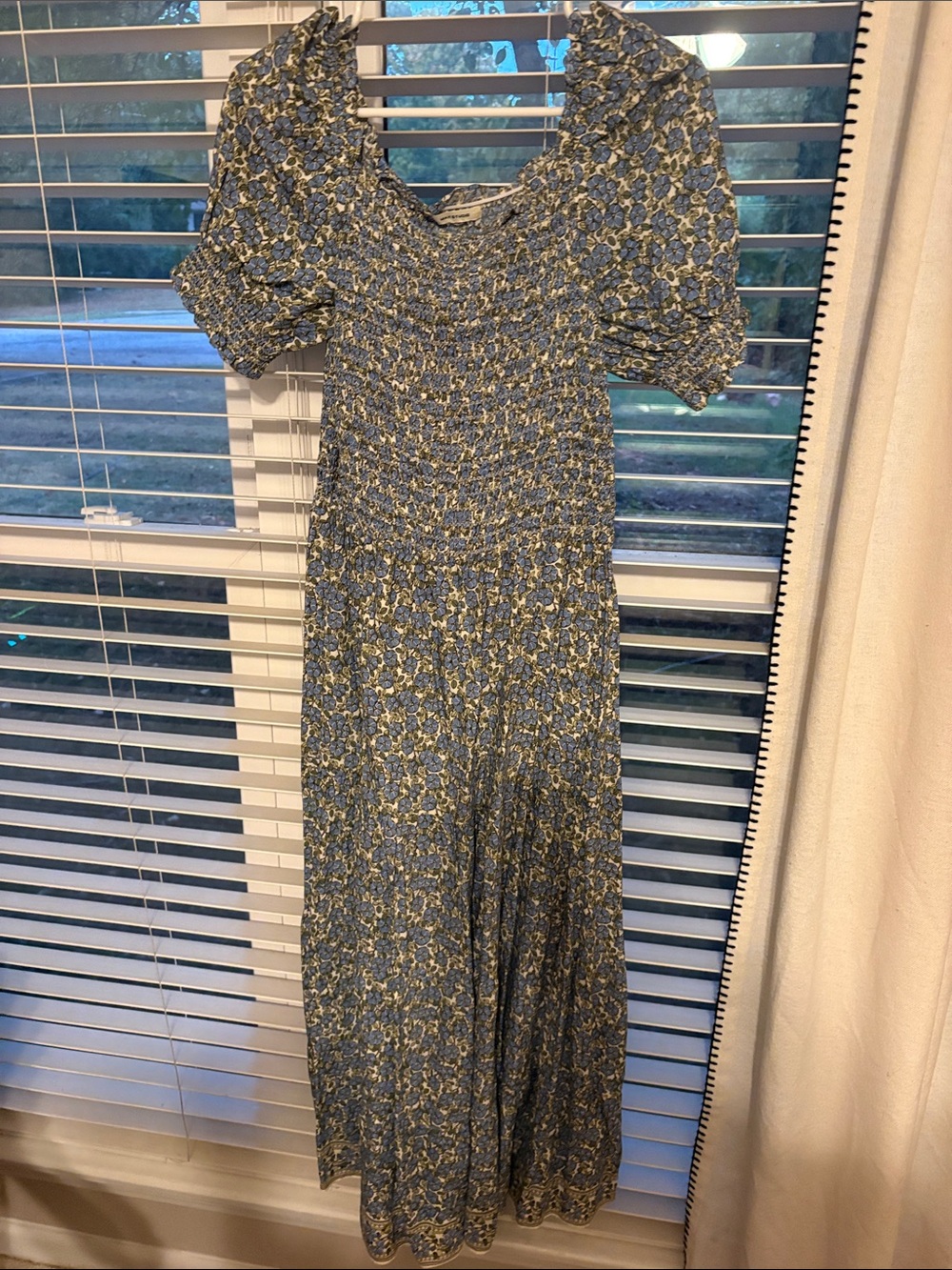 Max Studio Blue Floral Smocked Maxi Dress with Puff Sleeves